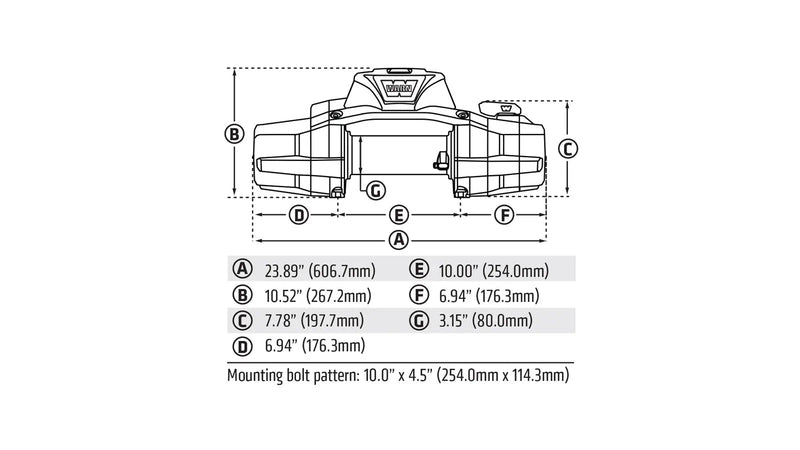 Warn ZEON XD dimensional line drawing with lettered callouts for overall length, height, depth, drum diameter and the 10" x 4.5" mounting bolt pattern