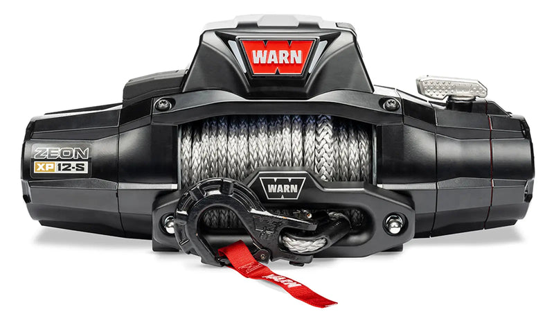 Warn ZEON XP 12-S winch, front studio view with Spydura Pro synthetic rope spooled and the Epic hook fitted