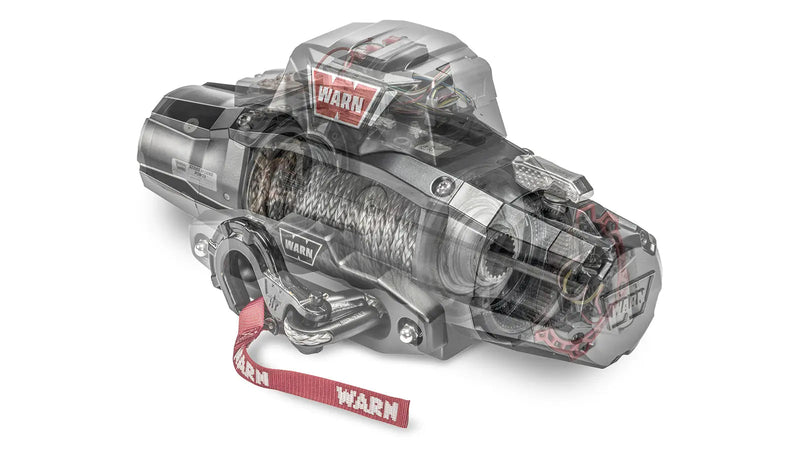Ghosted cutaway render of the Warn ZEON XP winch showing the motor, 3-stage planetary geartrain and drum inside the housing