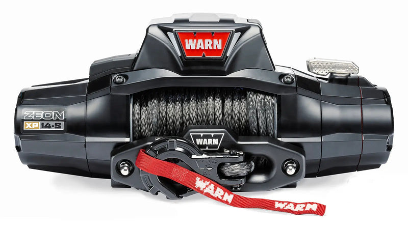 Warn ZEON XP 14-S winch, front studio view with Spydura Pro synthetic rope spooled, Epic hook and red hook strap fitted