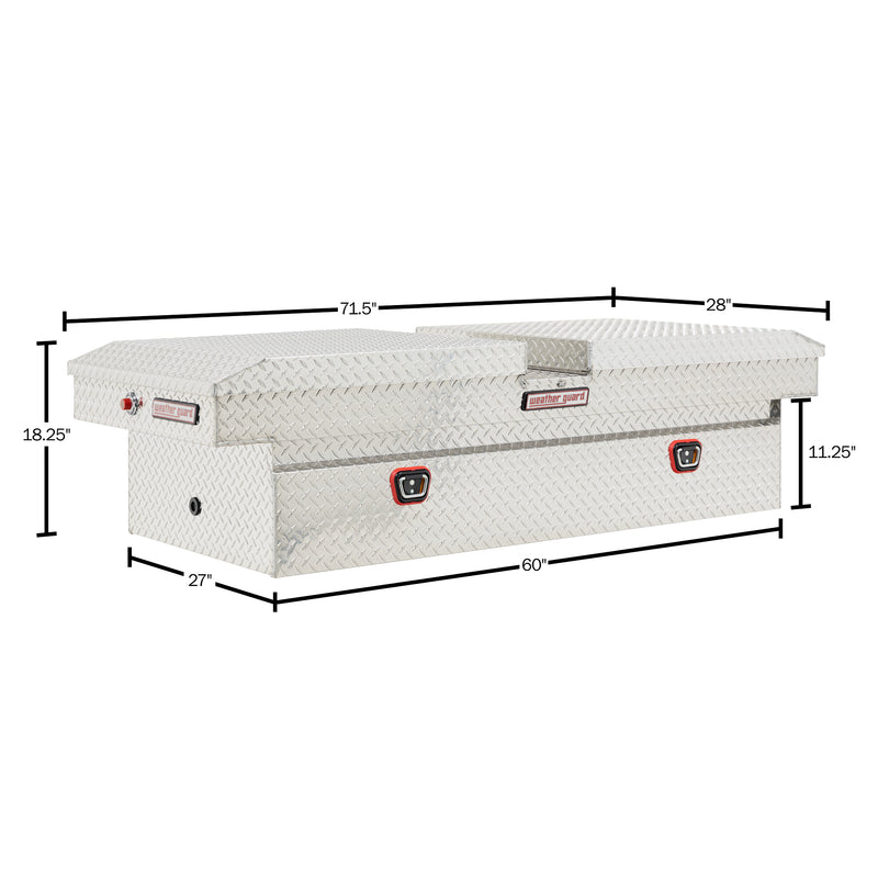 Weather Guard 114-0-04 gull-wing crossover box in bright aluminum diamond plate, dimensional line drawing with the overall length, width and height called out
