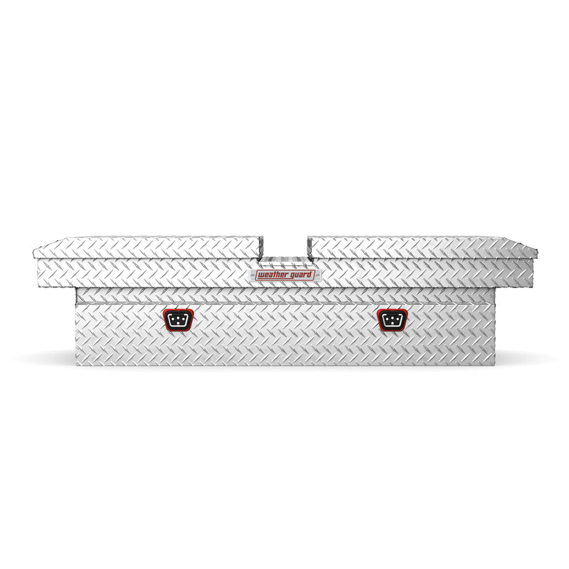 Weather Guard 114-0-04 gull-wing crossover box in bright aluminum diamond plate, straight-on front elevation with the lids closed
