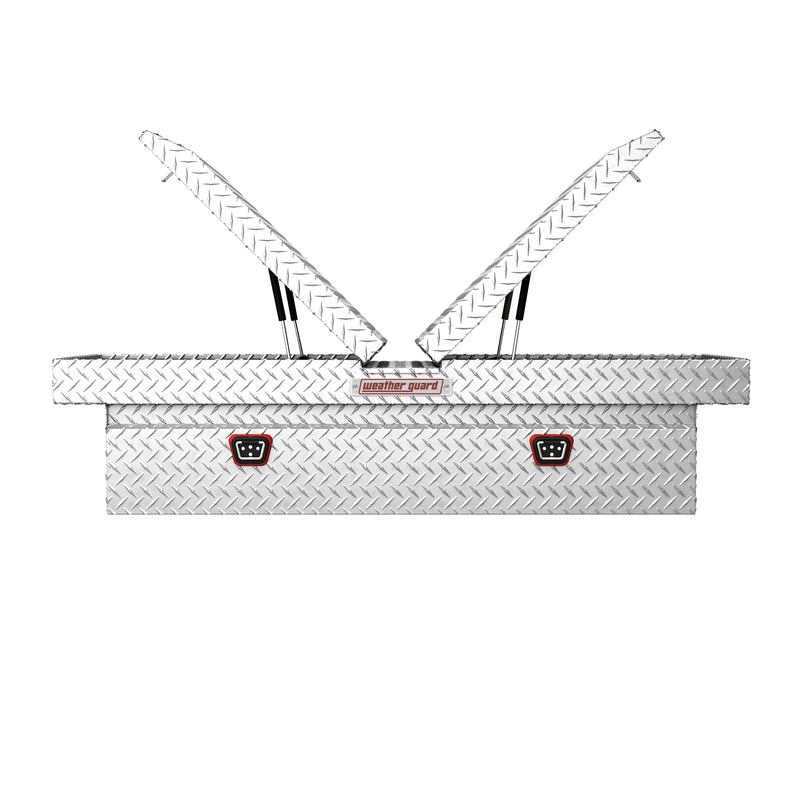 Weather Guard 114-0-04 gull-wing crossover box in bright aluminum diamond plate, straight-on front view with the lids open, showing the full interior