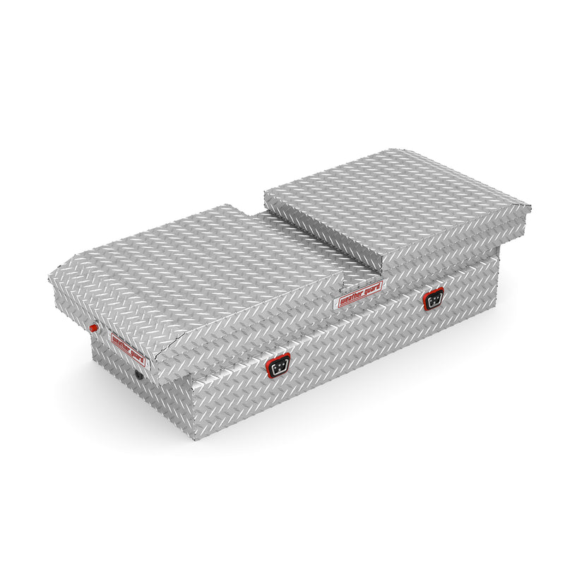 Weather Guard 114-0-04 gull-wing crossover box in bright aluminum diamond plate, front three-quarter studio view with the lids closed