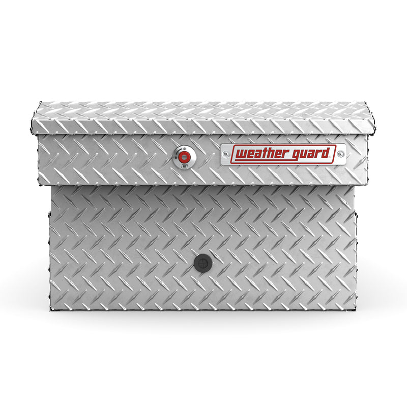 Weather Guard 114-0-04 gull-wing crossover box in bright aluminum diamond plate, side profile showing the body depth and the bed-rail notch