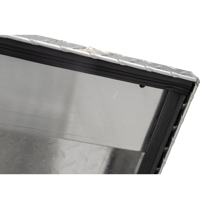 Weather Guard 114-0-04 gull-wing crossover box in bright aluminum diamond plate, close-up of the D-shaped ribbed weather seal around the opening