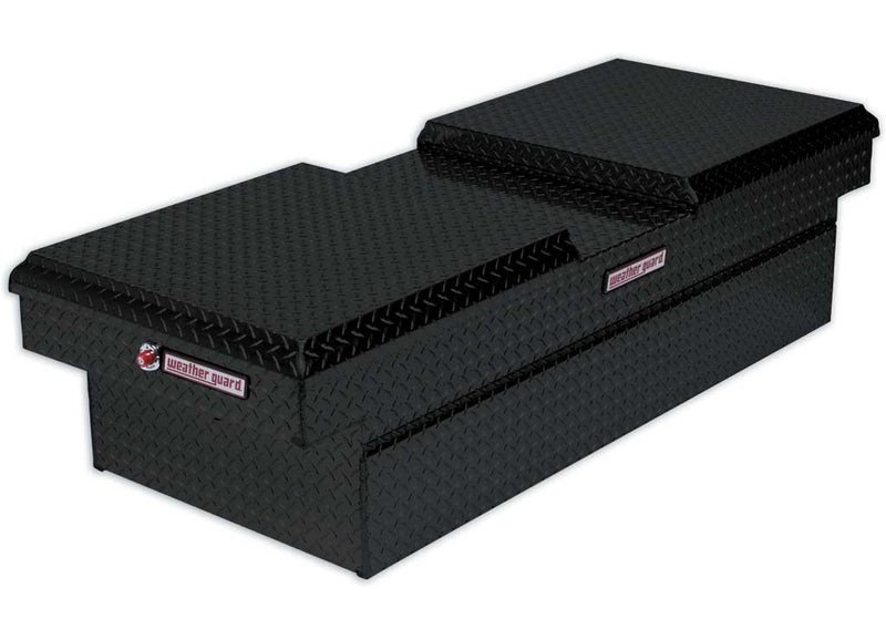 Weather Guard 114-5-01 aluminum gull-wing crossover truck tool box in gloss black, front three-quarter studio view