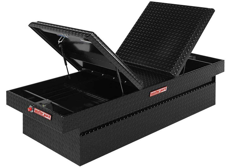 Weather Guard 114-5-01 aluminum gull-wing crossover truck tool box in gloss black, with the gull-wing lids raised, showing the divided interior