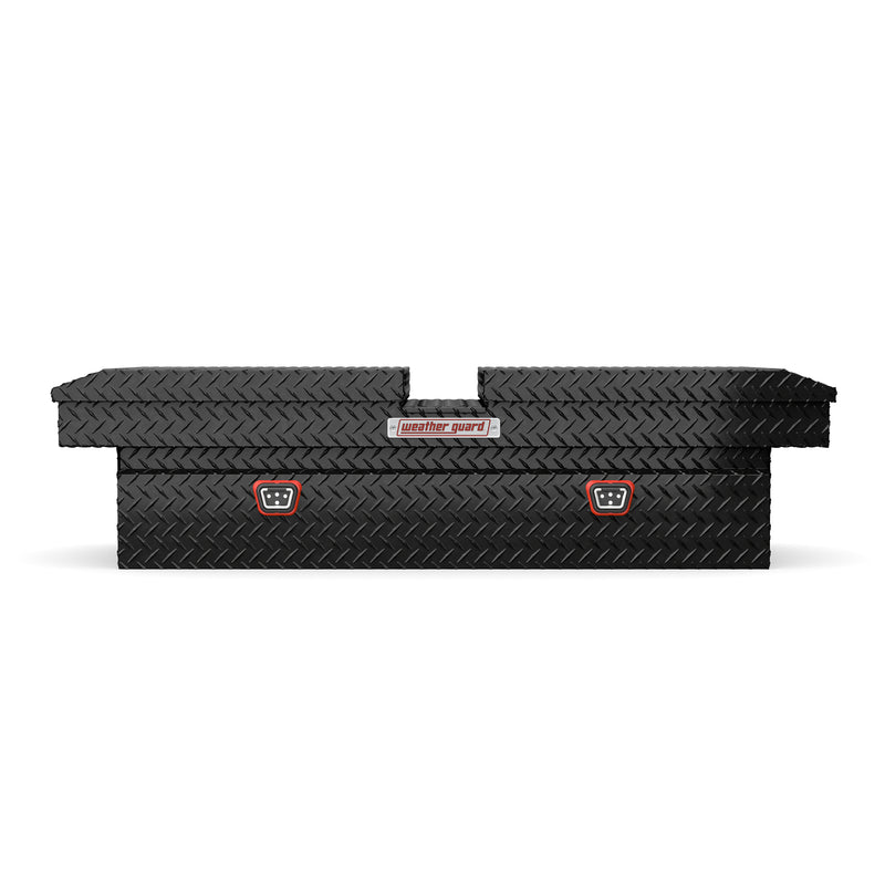 Weather Guard 114-5-04 gull-wing crossover box in gloss black, straight-on front elevation with the lids closed