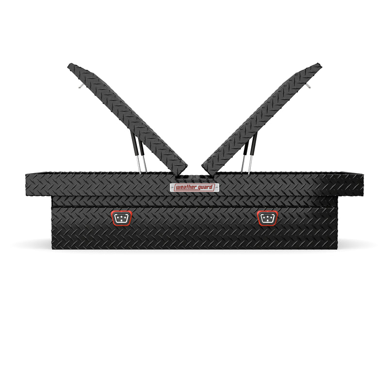 Weather Guard 114-5-04 gull-wing crossover box in gloss black, straight-on front view with the lids open, showing the full interior