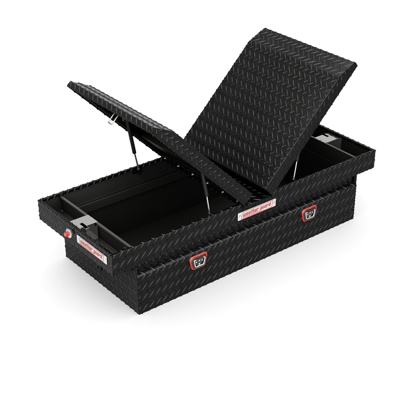 Weather Guard 114-5-04 gull-wing crossover box in gloss black, one lid raised on its gas strut, showing the interior and the center divider