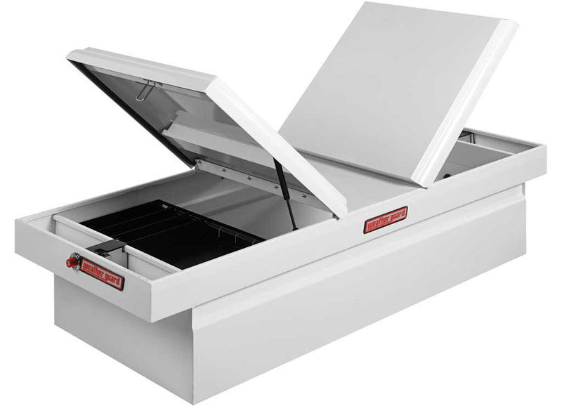 Weather Guard 115-3-01 steel gull-wing crossover truck tool box in brite white, front three-quarter studio view with the lid closed