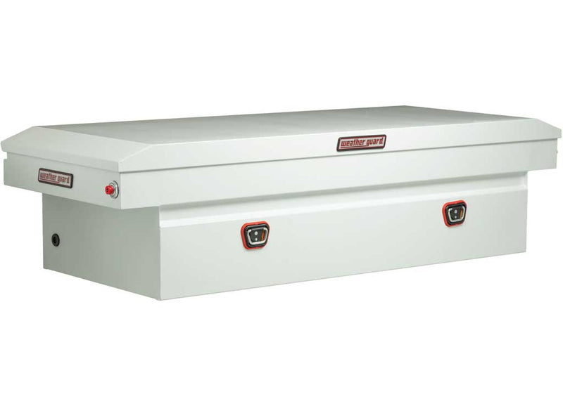 Weather Guard 116-3-03 steel crossover saddle truck tool box in brite white, front three-quarter studio view