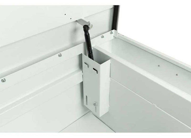 Weather Guard 116-3-03 steel crossover saddle truck tool box in brite white, gas strut and reinforced lid detail