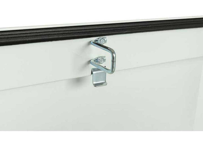 Weather Guard 116-3-03 steel crossover saddle truck tool box in brite white, tie-down buckle detail
