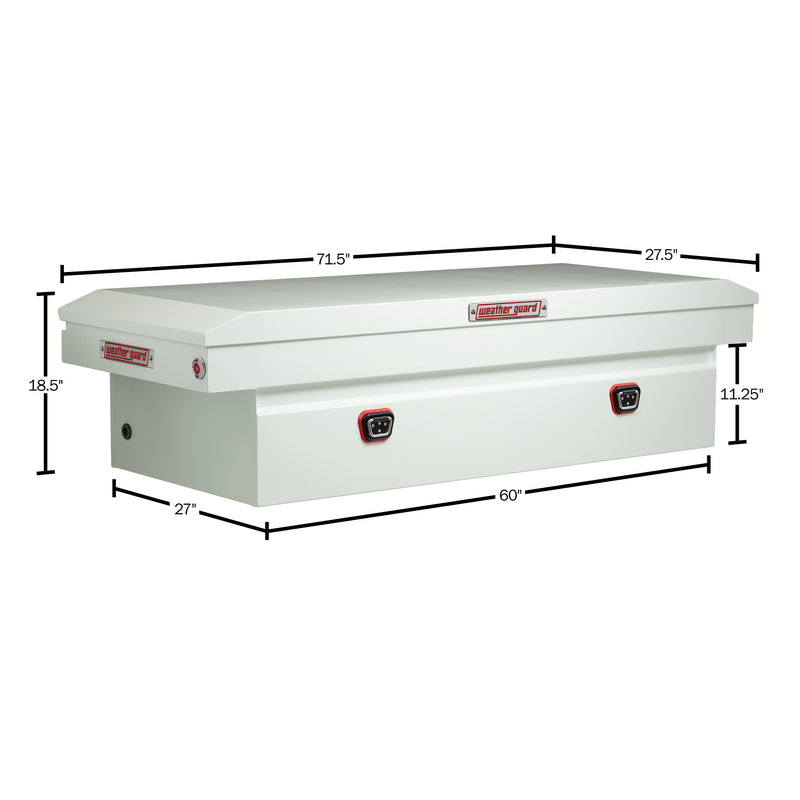 Weather Guard 116-3-04 crossover saddle box in brite white, dimensional line drawing with the overall length, width and height called out