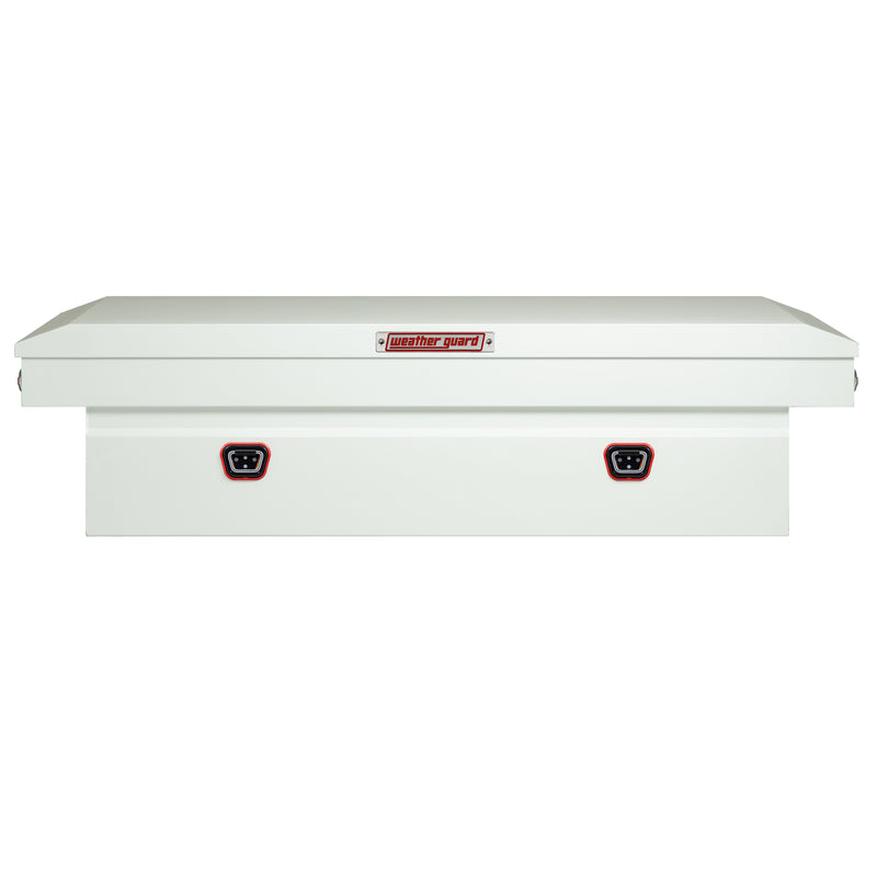 Weather Guard 116-3-04 crossover saddle box in brite white, straight-on front elevation with the lid closed