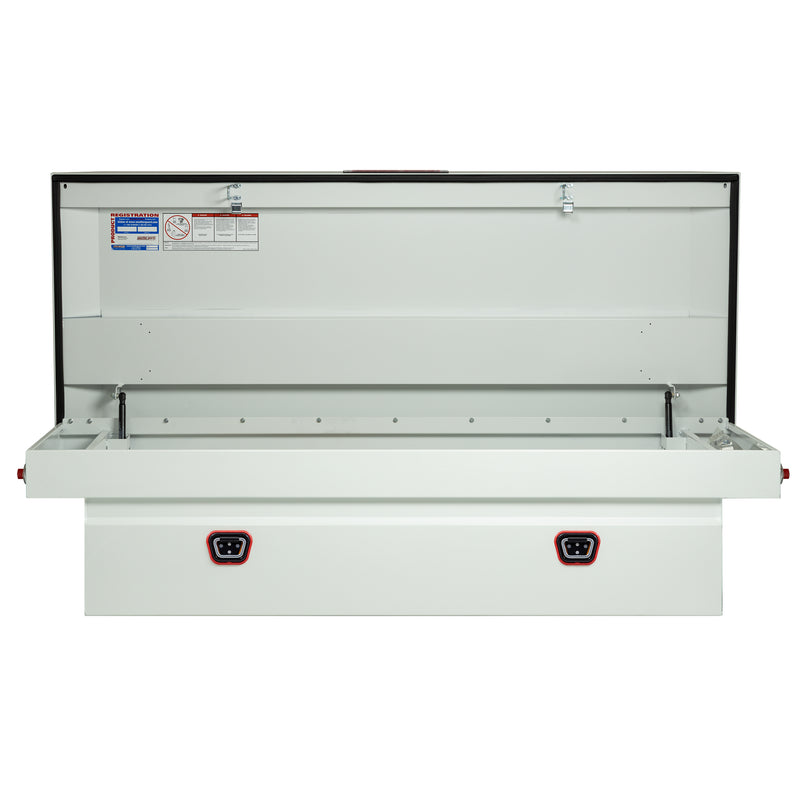 Weather Guard 116-3-04 crossover saddle box in brite white, straight-on front view with the lid open, showing the full interior