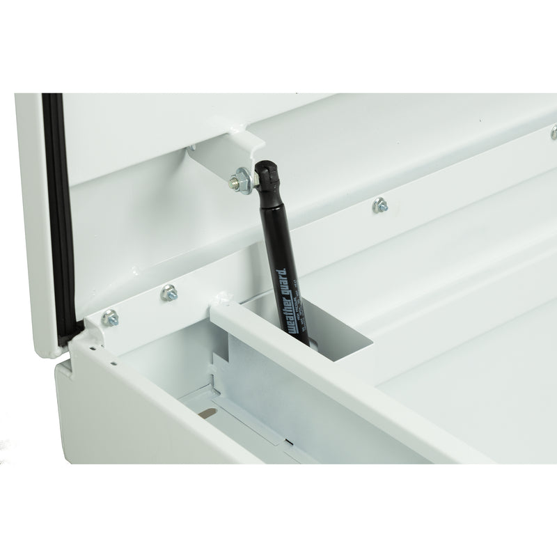 Weather Guard 116-3-04 crossover saddle box in brite white, close-up of the gas strut holding the lid open