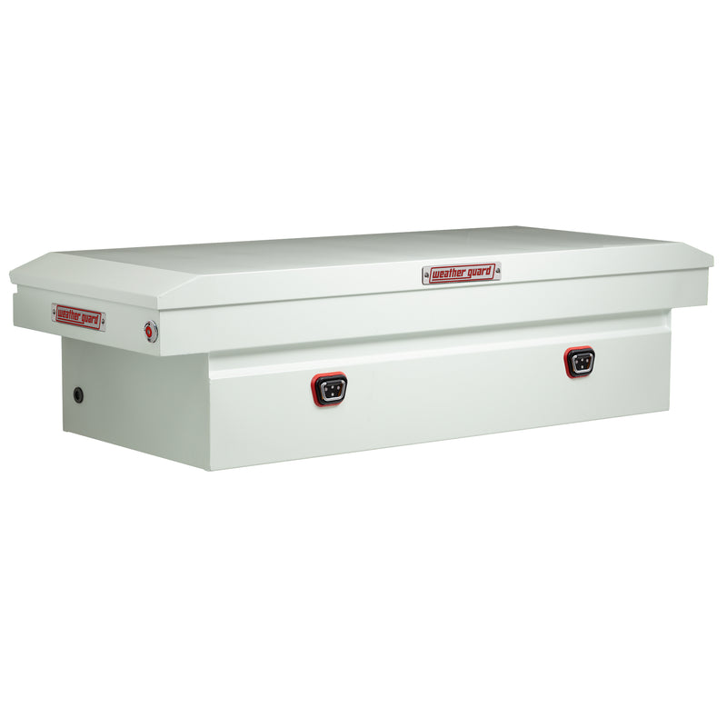 Weather Guard 116-3-04 crossover saddle box in brite white, front three-quarter studio view with the lid closed