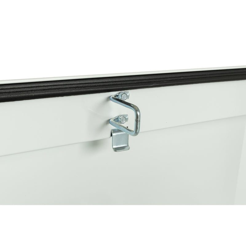 Weather Guard 116-3-04 crossover saddle box in brite white, close-up of the latch striker plate