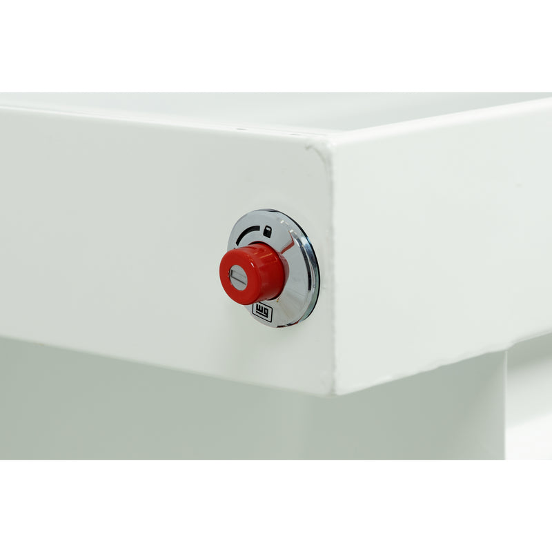 Weather Guard 116-3-04 crossover saddle box in brite white, close-up of the red push-button lock and Weather Guard badge