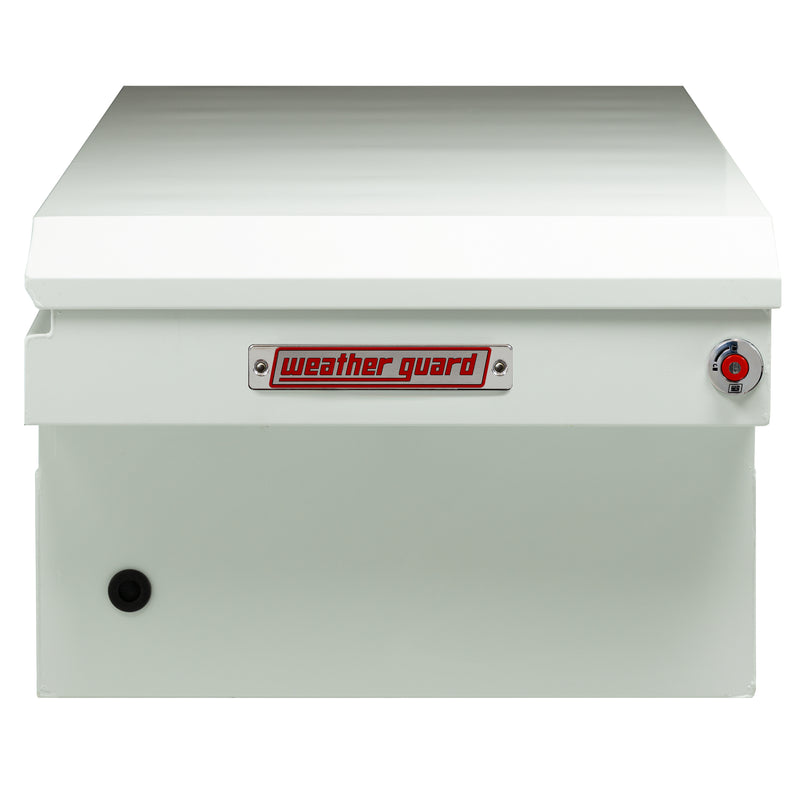 Weather Guard 116-3-04 crossover saddle box in brite white, side profile showing the body depth and the bed-rail notch