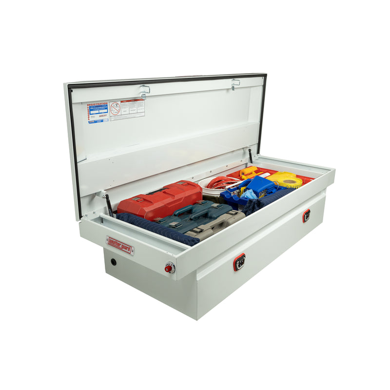 Weather Guard 116-3-04 crossover saddle box in brite white, staged open with hand tools inside to show how the usable space loads