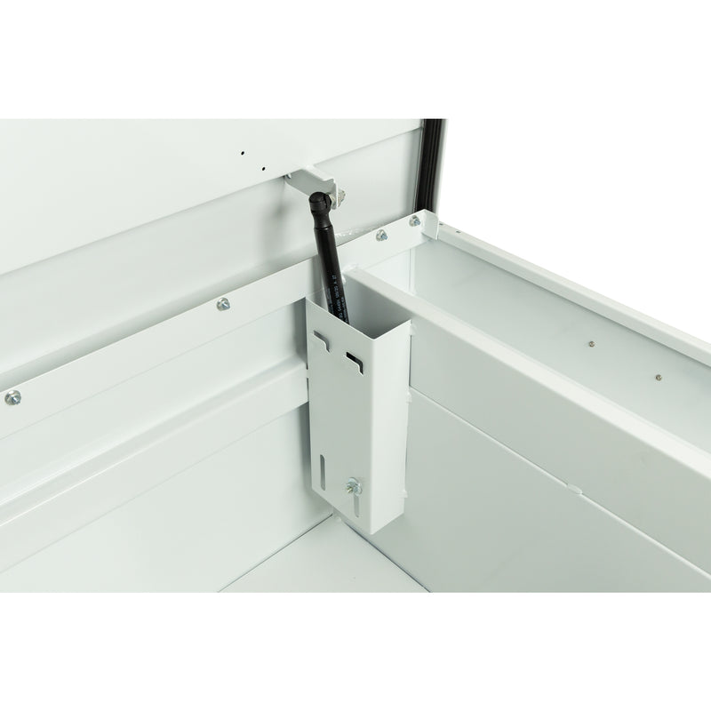 Weather Guard 116-3-04 crossover saddle box in brite white, close-up of the welded gas strut shield inside the body