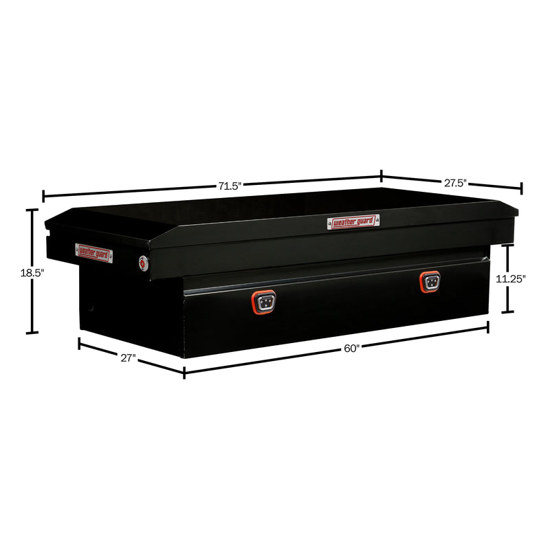 Weather Guard 116-5-04 crossover saddle box in gloss black, dimensional line drawing with the overall length, width and height called out
