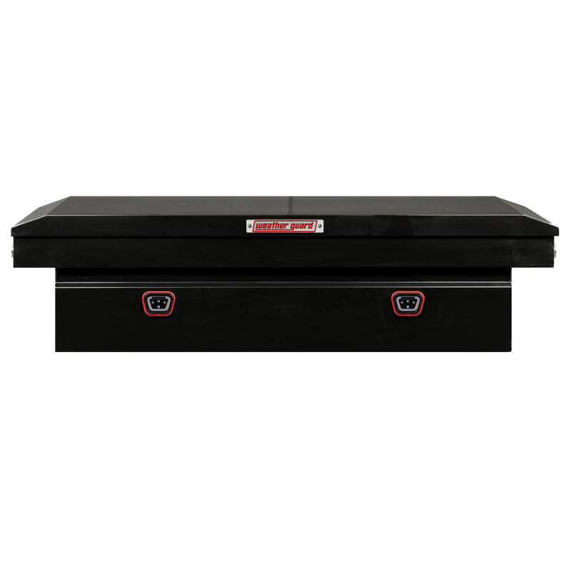 Weather Guard 116-5-04 crossover saddle box in gloss black, straight-on front elevation with the lid closed