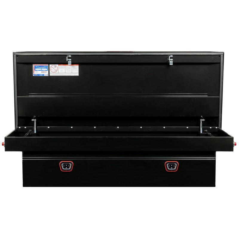 Weather Guard 116-5-04 crossover saddle box in gloss black, straight-on front view with the lid open, showing the full interior