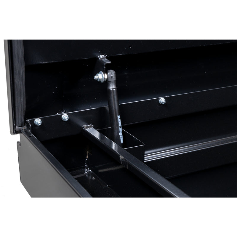 Weather Guard 116-5-04 crossover saddle box in gloss black, close-up of the gas strut holding the lid open