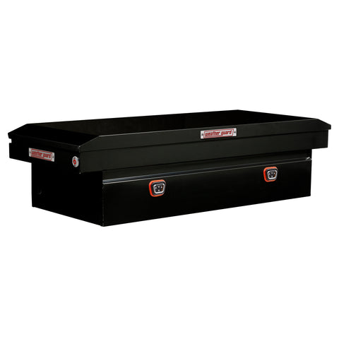 Weather Guard 116-5-04 crossover saddle box in gloss black, front three-quarter studio view with the lid closed