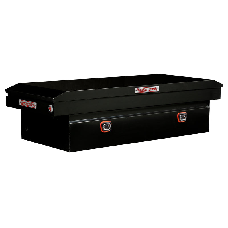 Weather Guard 116-5-04 crossover saddle box in gloss black, front three-quarter studio view with the lid closed