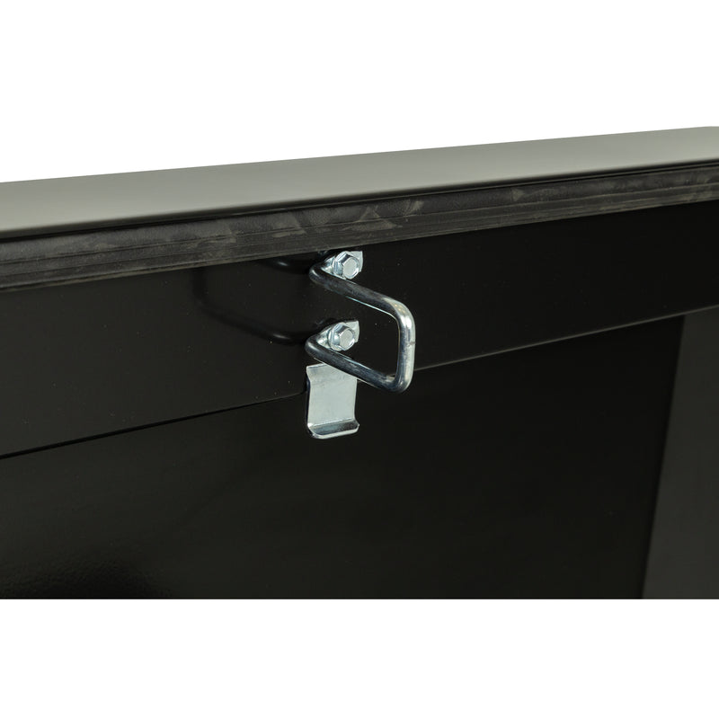 Weather Guard 116-5-04 crossover saddle box in gloss black, close-up of the latch striker plate