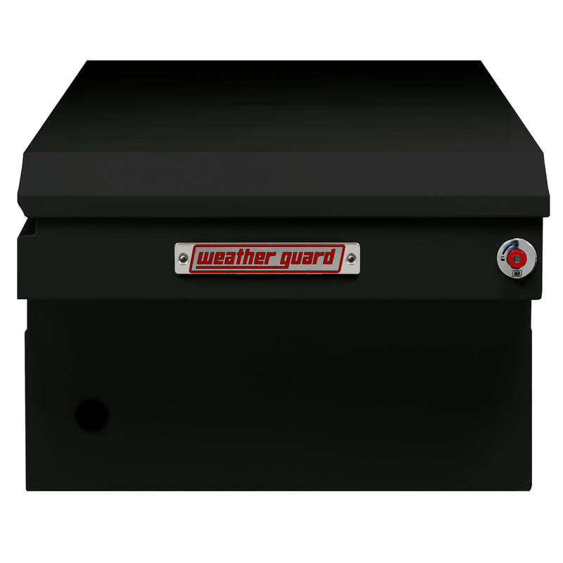 Weather Guard 116-5-04 crossover saddle box in gloss black, side profile showing the body depth and the bed-rail notch