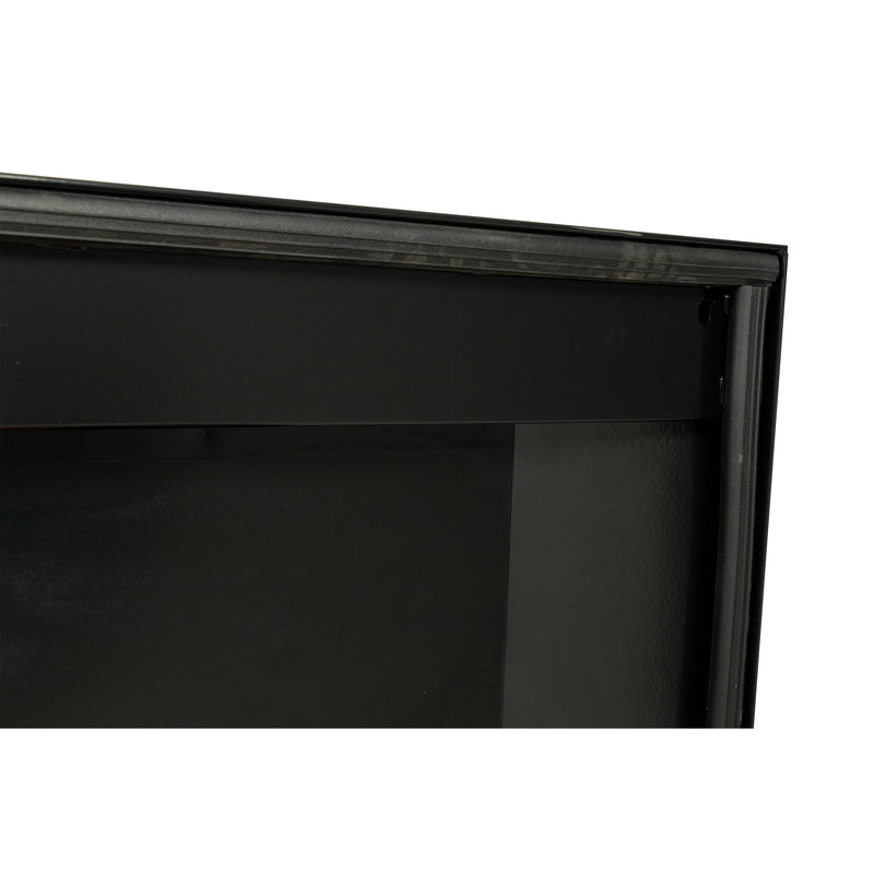 Weather Guard 116-5-04 crossover saddle box in gloss black, close-up of the D-shaped ribbed weather seal around the opening