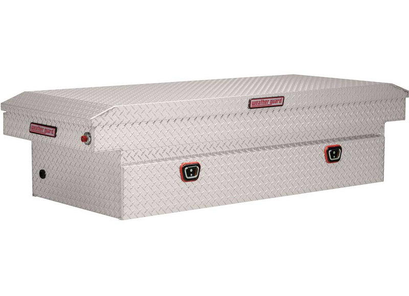 Weather Guard 117-0-03 aluminum crossover saddle truck tool box in bright aluminum, front three-quarter studio view