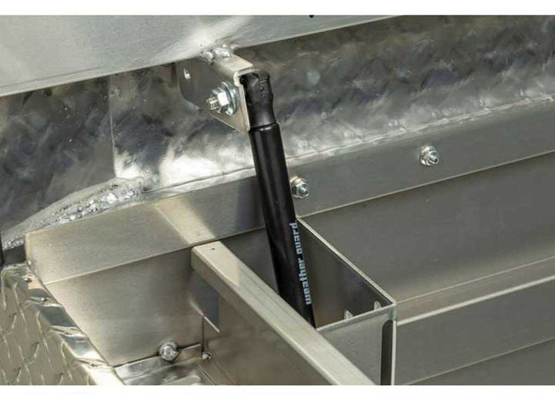 Weather Guard 117-0-03 aluminum crossover saddle truck tool box in bright aluminum, gas strut and reinforced lid detail