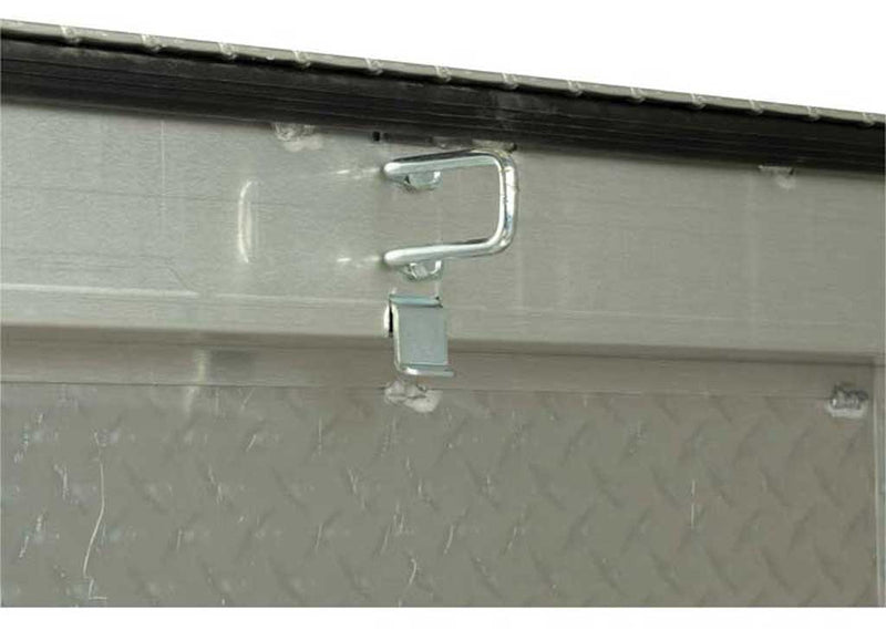 Weather Guard 117-0-03 aluminum crossover saddle truck tool box in bright aluminum, tie-down buckle detail