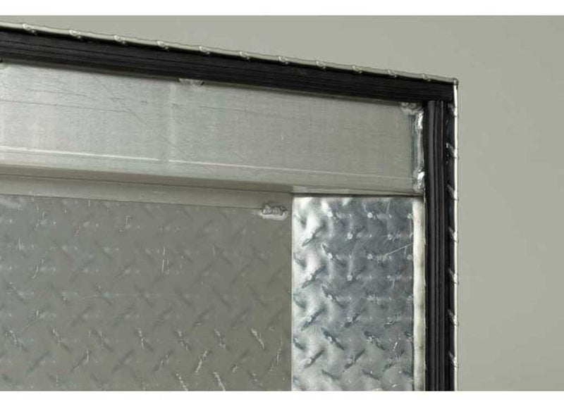 Weather Guard 117-0-03 aluminum crossover saddle truck tool box in bright aluminum, weather-seal and lid edge detail