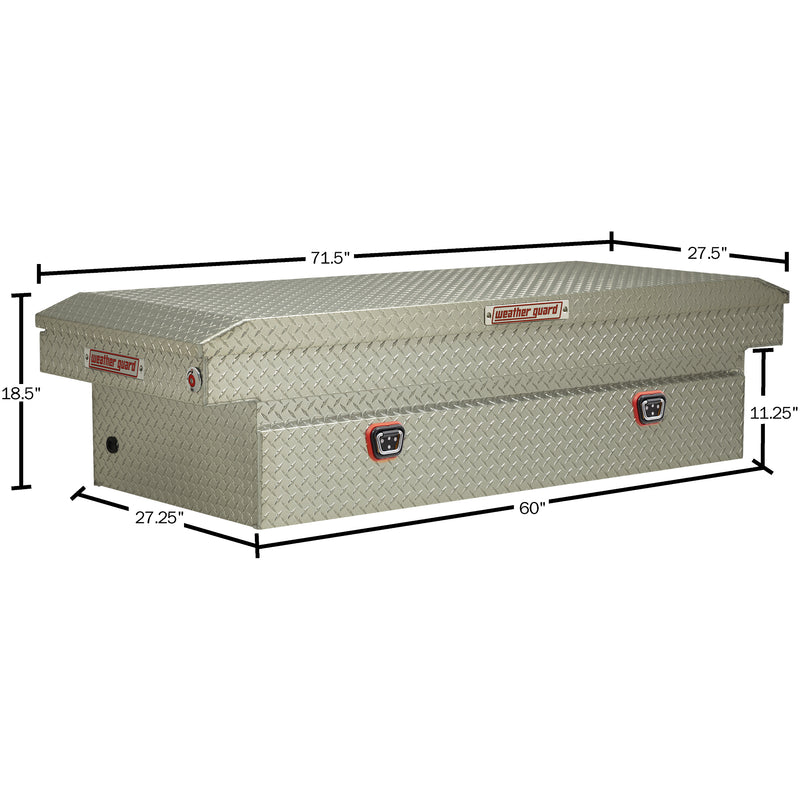Weather Guard 117-0-04 crossover saddle box in bright aluminum diamond plate, dimensional line drawing with the overall length, width and height called out