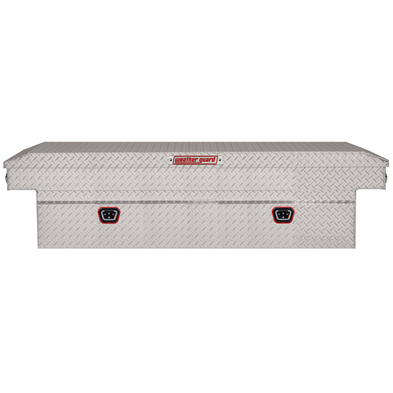Weather Guard 117-0-04 crossover saddle box in bright aluminum diamond plate, straight-on front elevation with the lid closed