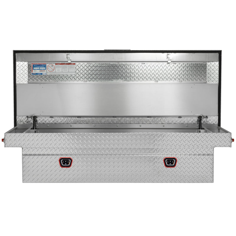 Weather Guard 117-0-04 crossover saddle box in bright aluminum diamond plate, straight-on front view with the lid open, showing the full interior