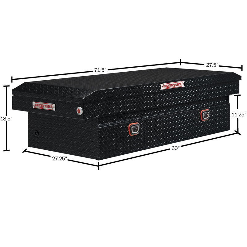Weather Guard 117-5-04 crossover saddle box in gloss black, dimensional line drawing with the overall length, width and height called out