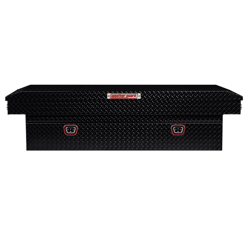 Weather Guard 117-5-04 crossover saddle box in gloss black, straight-on front elevation with the lid closed