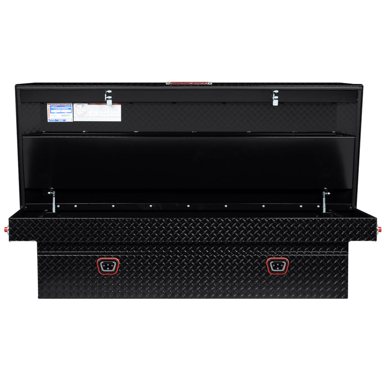 Weather Guard 117-5-04 crossover saddle box in gloss black, straight-on front view with the lid open, showing the full interior