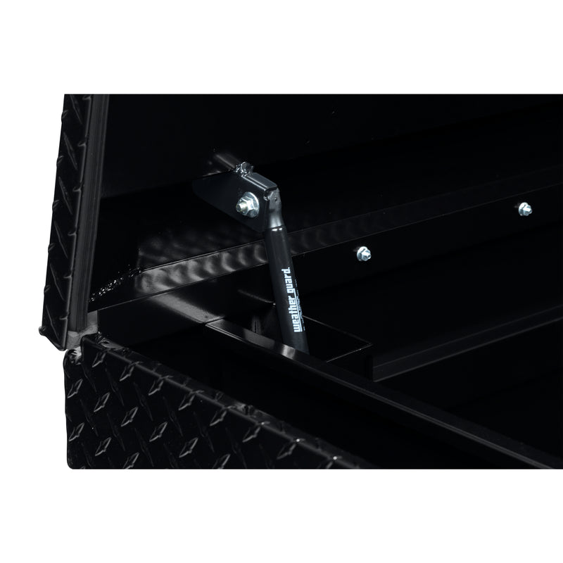 Weather Guard 117-5-04 crossover saddle box in gloss black, close-up of the gas strut holding the lid open