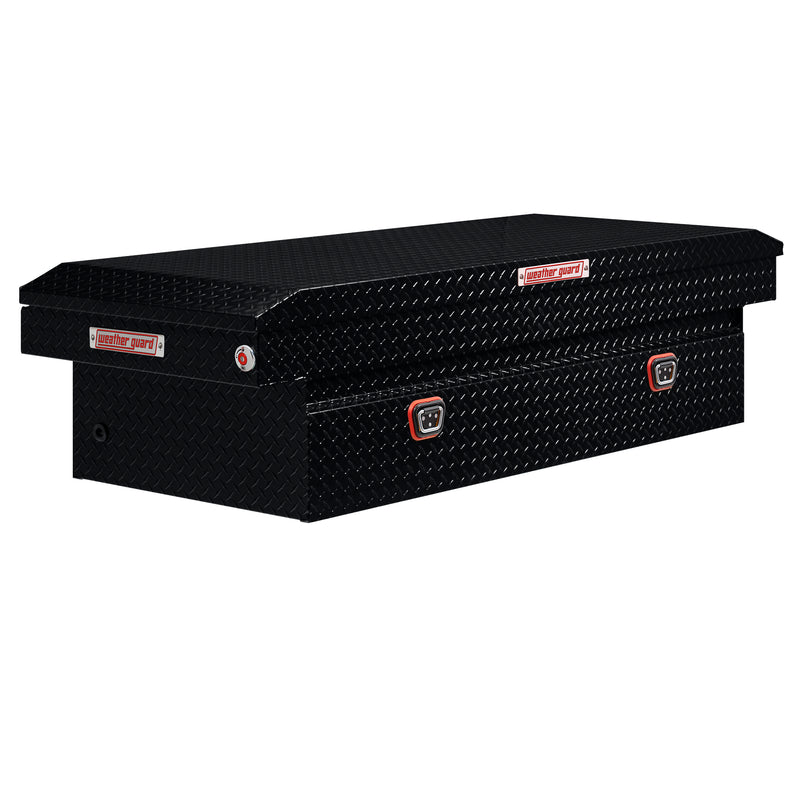 Weather Guard 117-5-04 crossover saddle box in gloss black, front three-quarter studio view with the lid closed